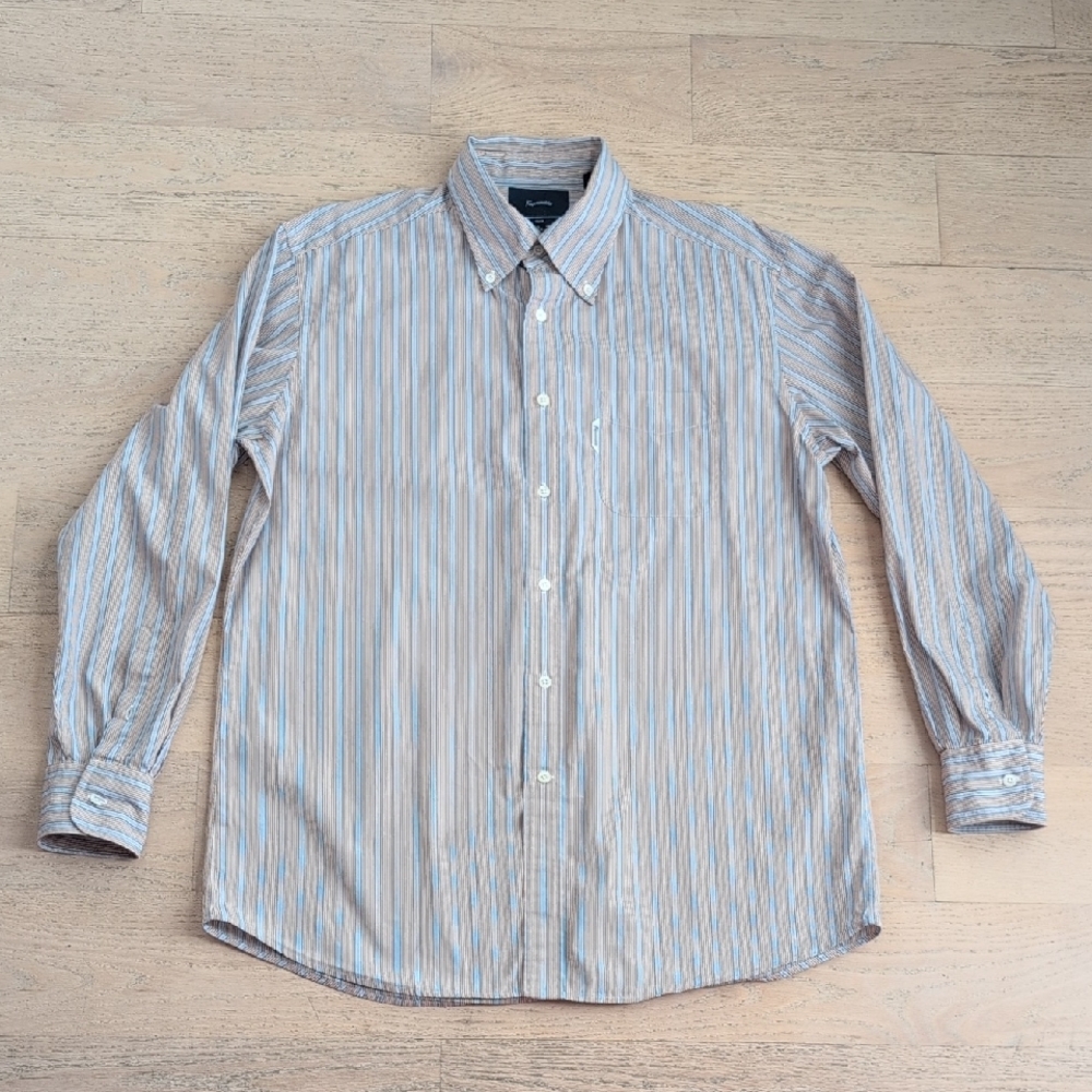 Faconnable Blue and Brown Striped Button Down Shirt L